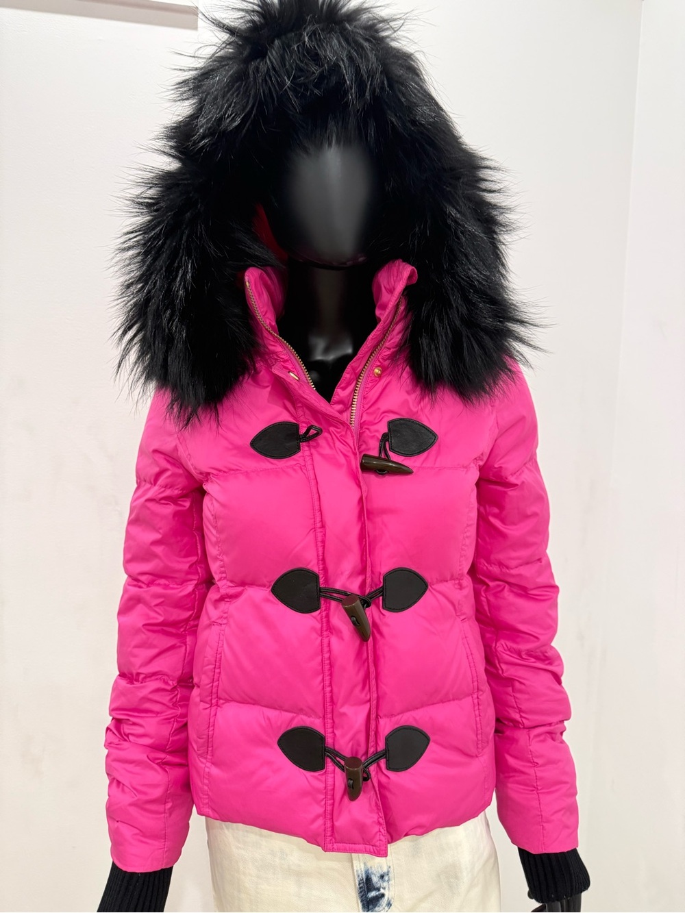 Juicy Couture New Pink Puffer Natural Black Fox Fur Hood Jacket Size S NEW